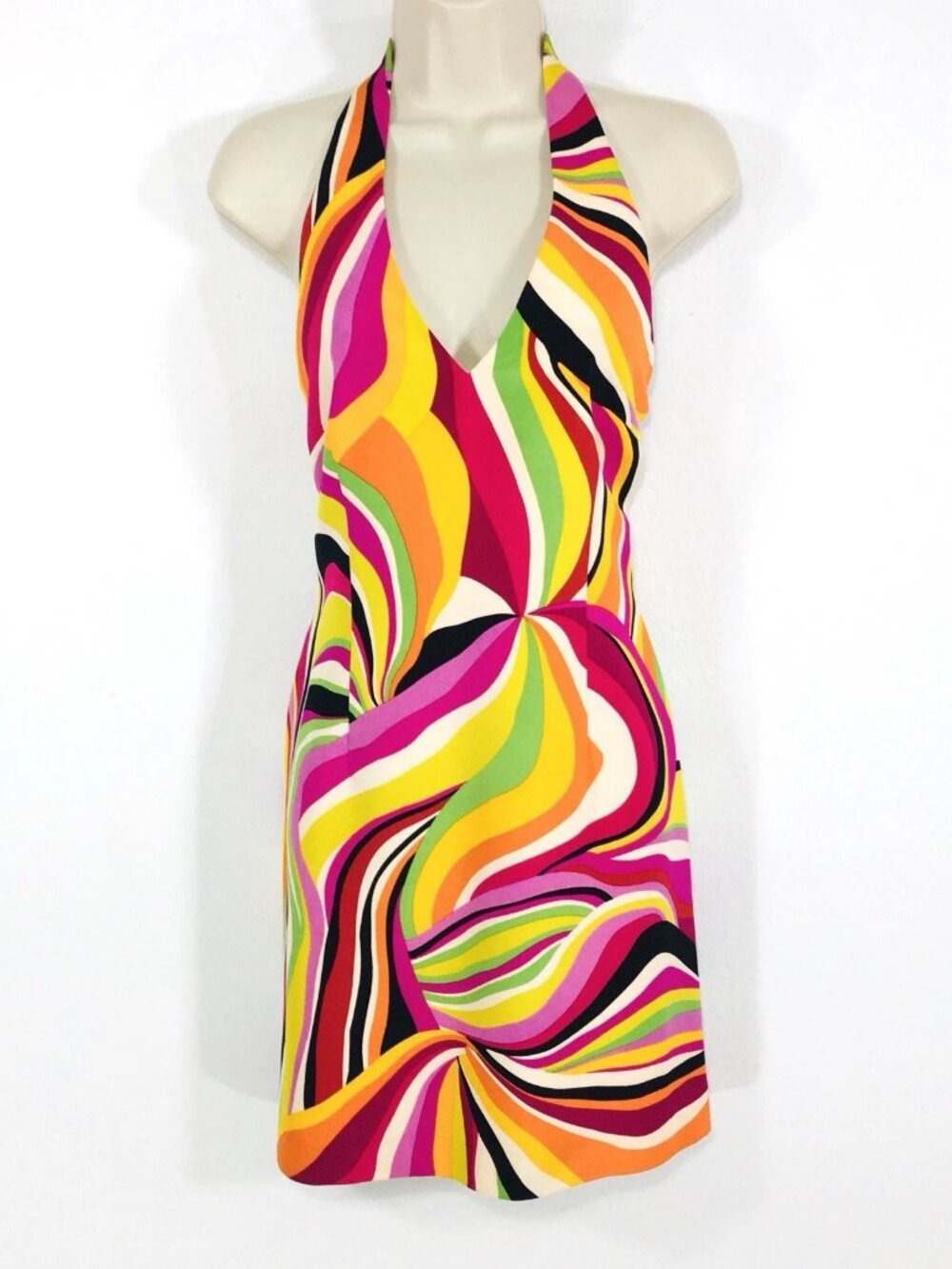 David Meister100% Silk Vtg Y2K Halter Dress Sz 10 Psychedelic Print Low Back